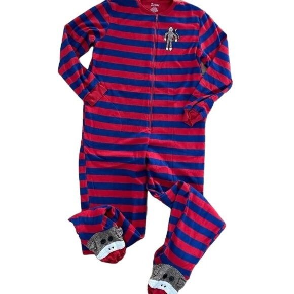 Nick & Nora Sock Monkey Red & Blue Striped Onesie Pajamas, Sz Small - Picture 1 of 14